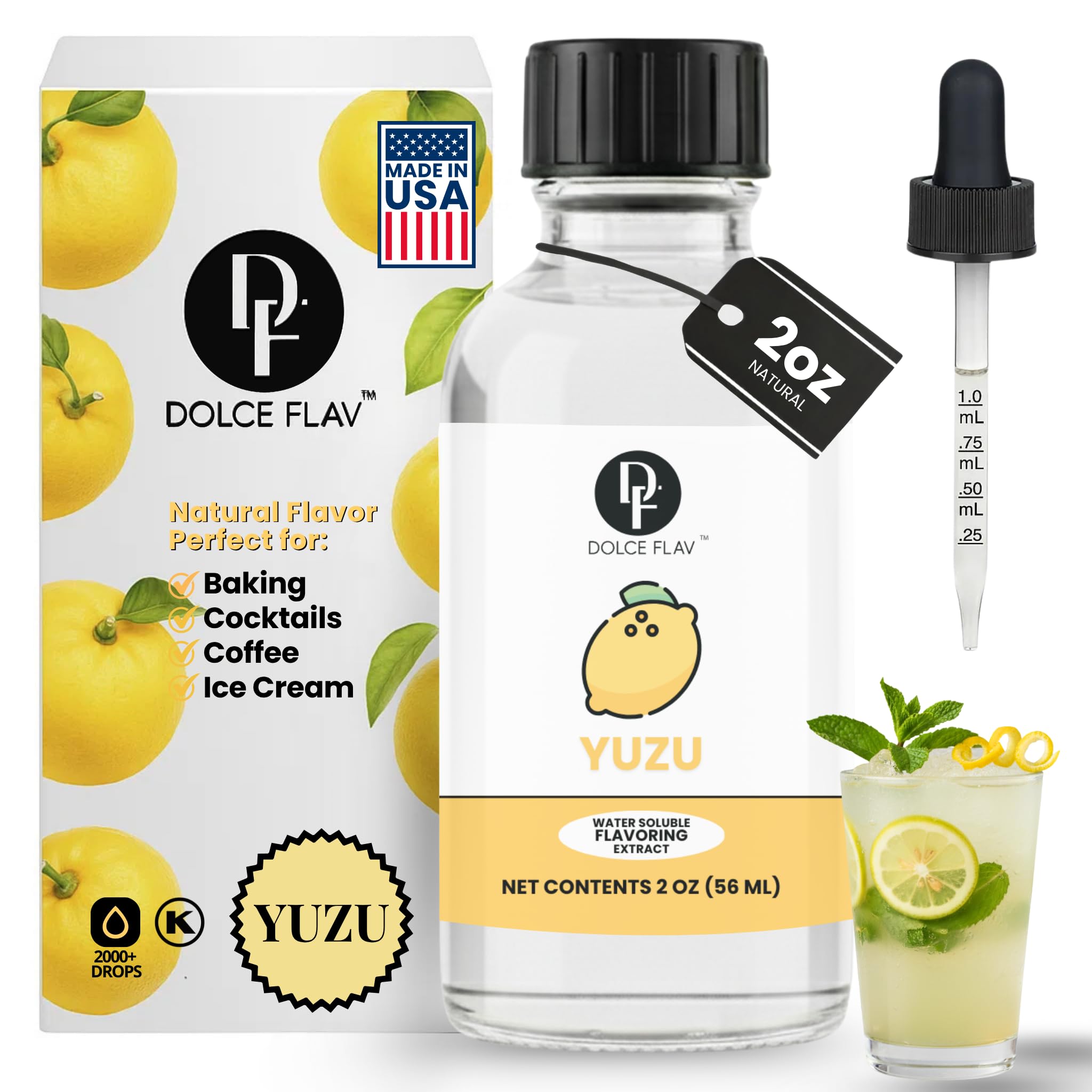 Dolce Flav Yuzu bottle with dropper for precise flavoring in baking and drinks.
