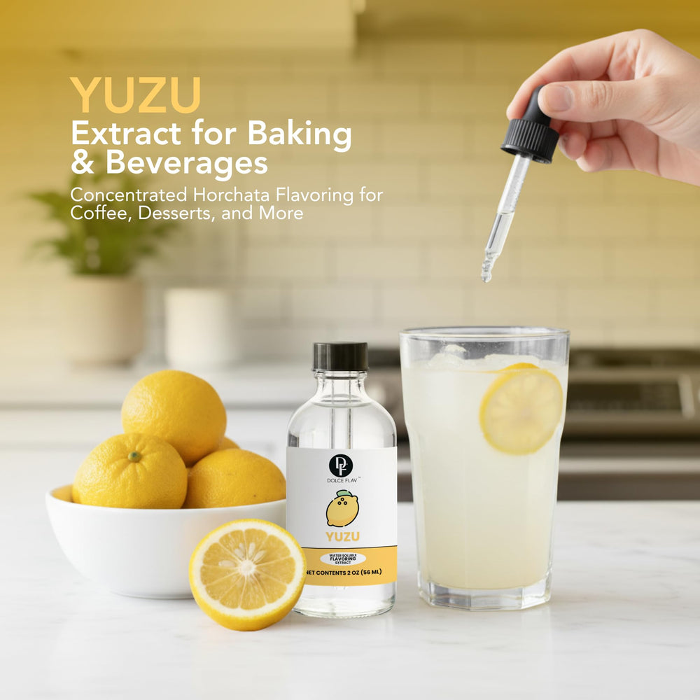 Dolce Flav Yuzu slices with droplets showcase bright citrus aroma potential.