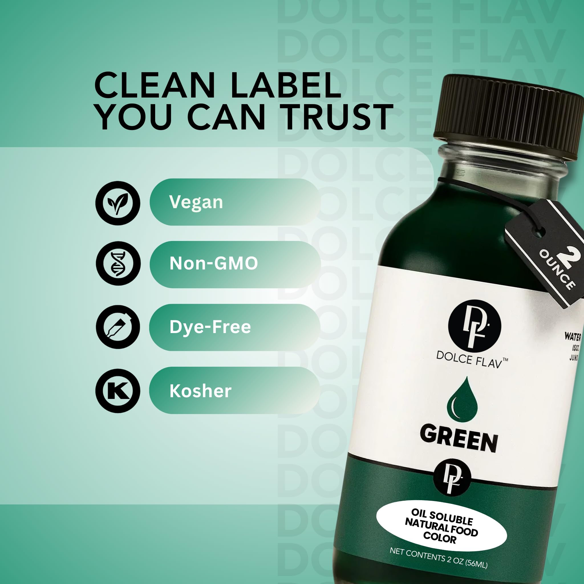 Dolce Flav green coloring enhances smoothies and lemon drinks.