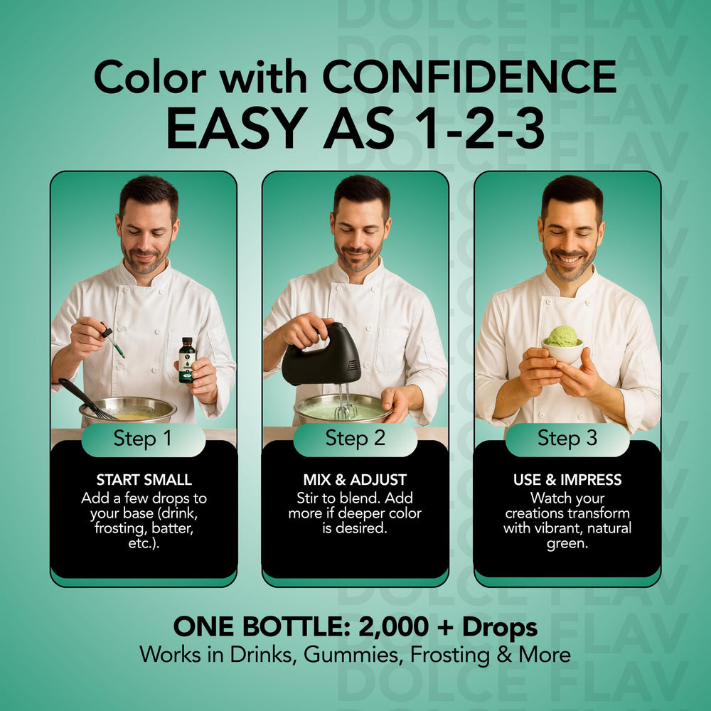 Dolce Flav green coloring for frosting and icing with smooth finish.