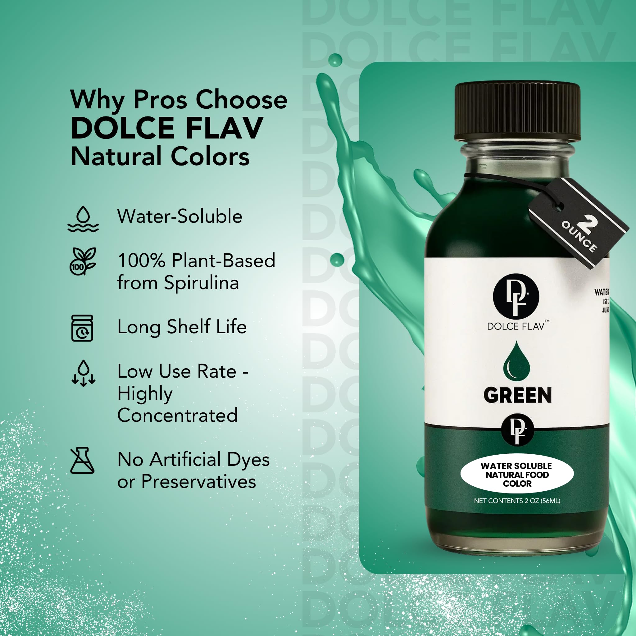 Dolce Flav green coloring pour showing even distribution in drinks.
