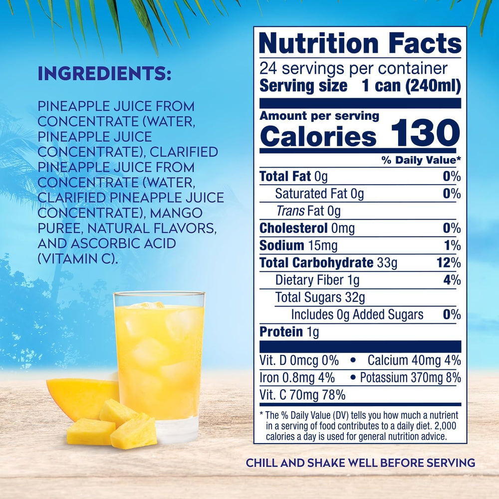 Dole 100% juice pouring into glass with vitamin C boost.