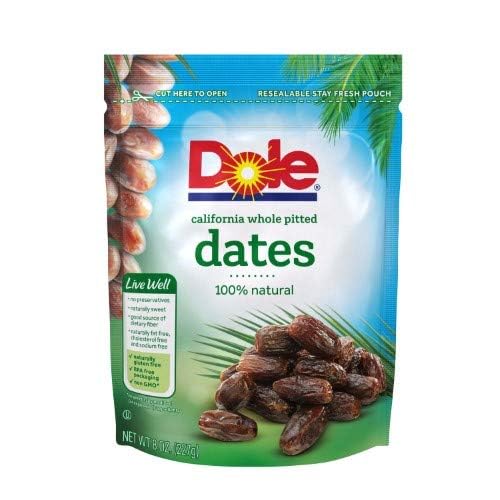 Dole California Whole Pitted Dates pack-two on kitchen counter, naturally sweet and fiber-rich snack