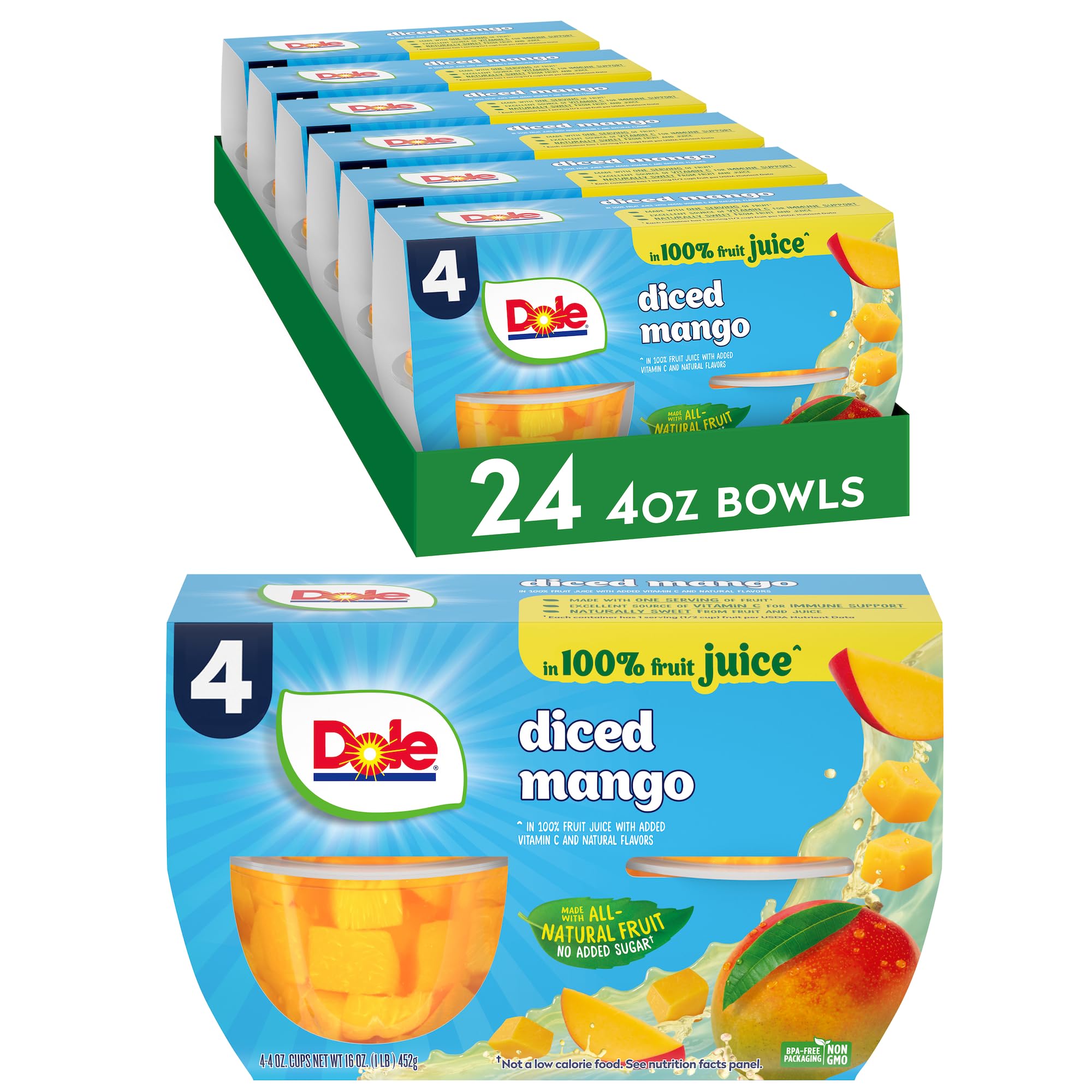 Dole Diced Mango in 100% juice ready-to-eat bite-sized pieces.