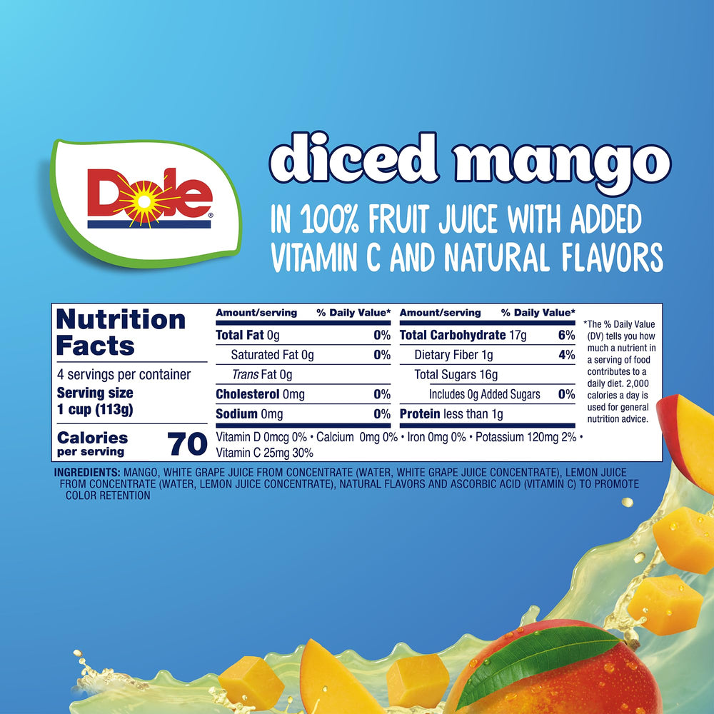 Dole diced mango ready-to-eat bowl for quick lunchbox snacking.
