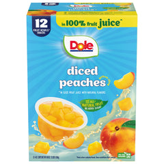 Dole Diced Peaches in 100% Juice cup, ideal on-the-go snack.
