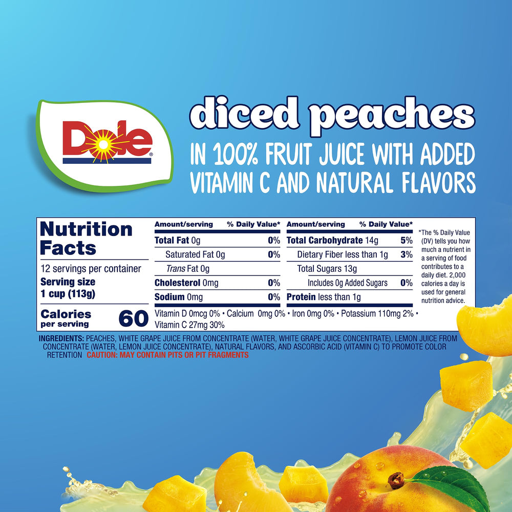 Close-up of Dole Diced Peaches in juice, bite-sized pieces ideal for lunchboxes.