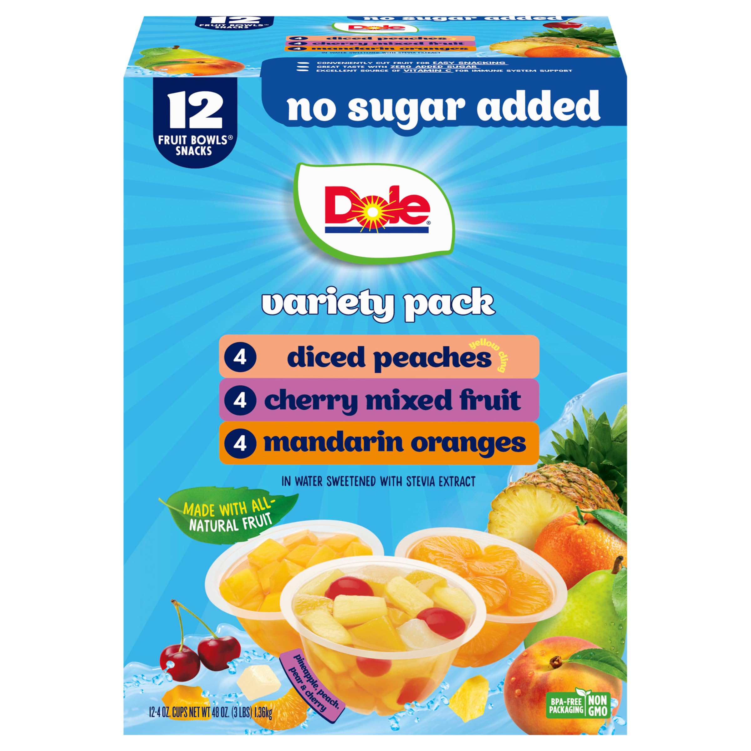 Dole diced peaches, mandarins, and cherries in a no sugar added bowl—convenient snack.