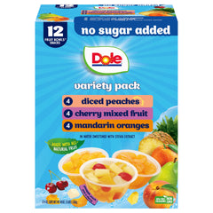 Dole diced peaches, mandarins, and cherries in a no sugar added bowl—convenient snack.