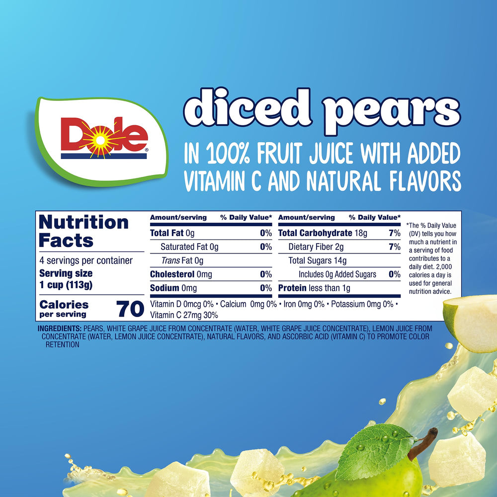 Dole pear chunks highlight no added sugar and all-natural fruit.