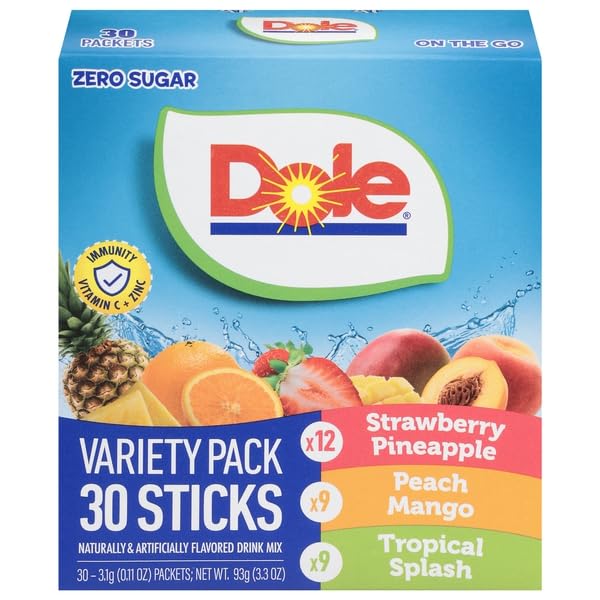 Dole drink mix variety-pack with three fruity flavors for quick, flavorful beverages.