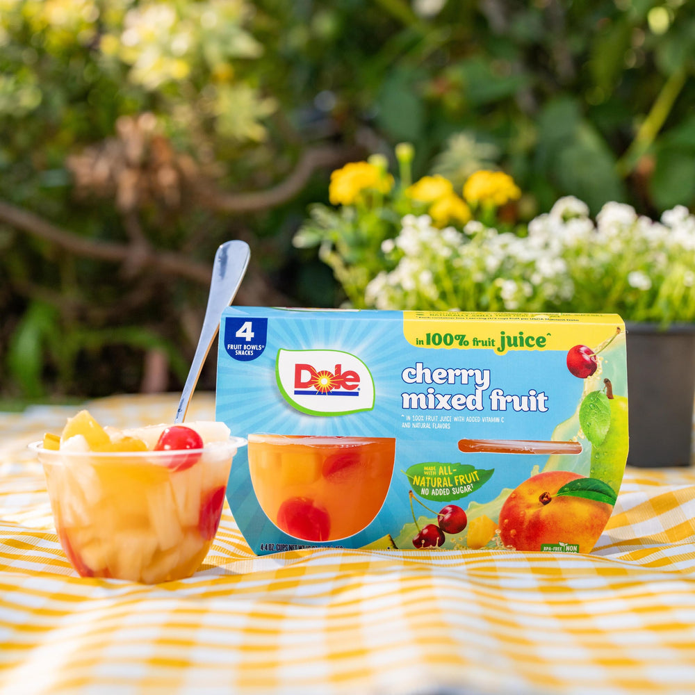 Dole fruit bowls stored in refrigerator for chilled snacking.