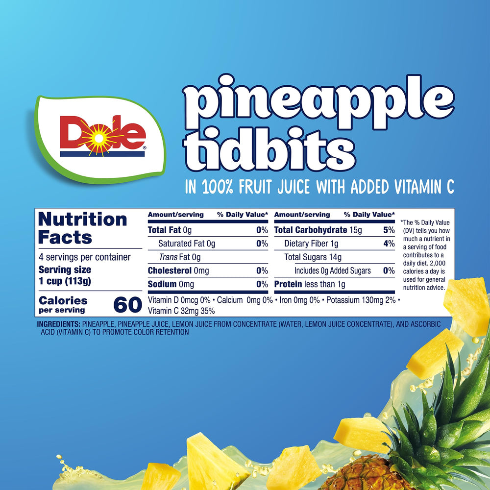 Dole Pineapple tidbits in juice, bite-sized and naturally gluten-free for busy families