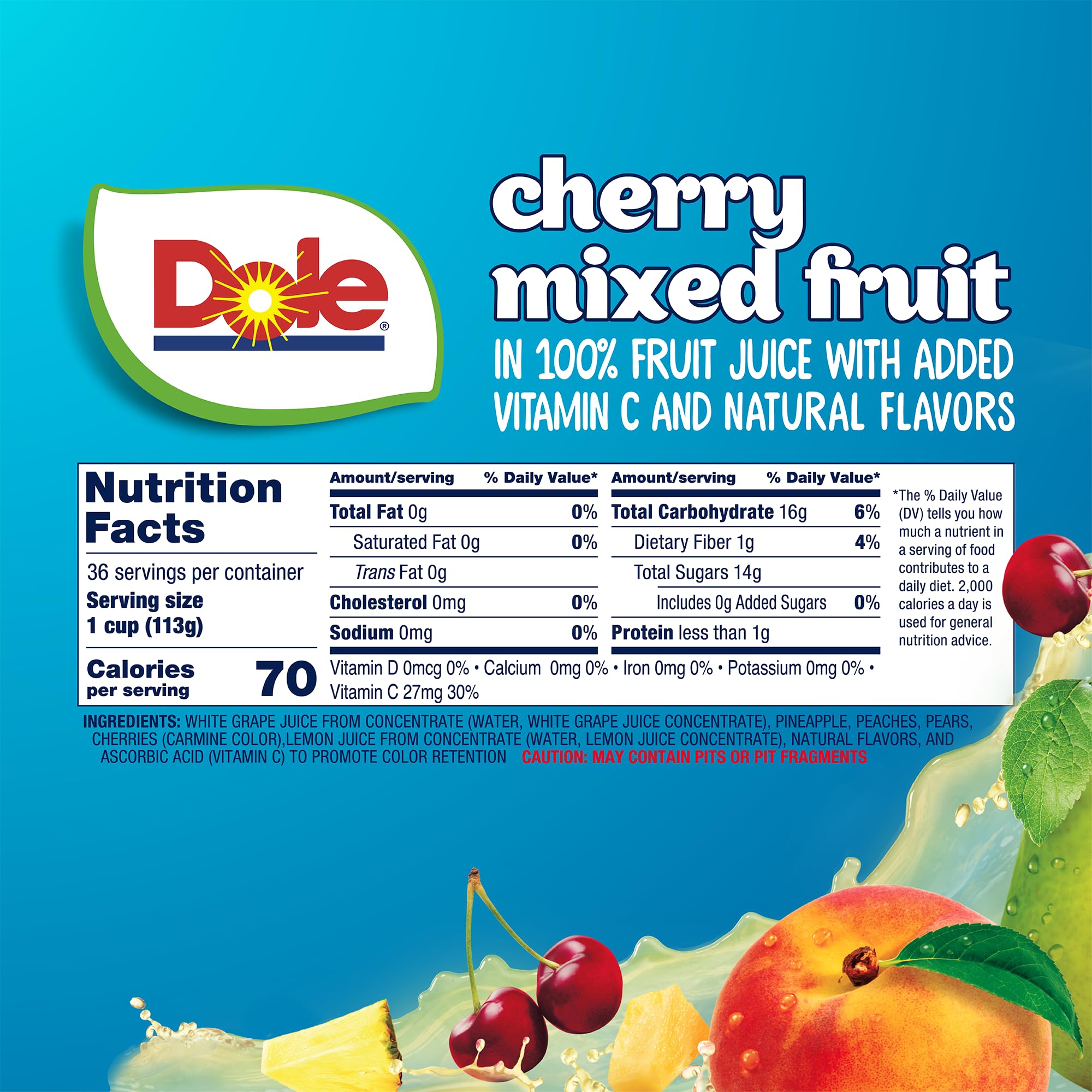 Dole Cherry Mixed Fruit pieces in 100% juice, bite-sized and convenient.