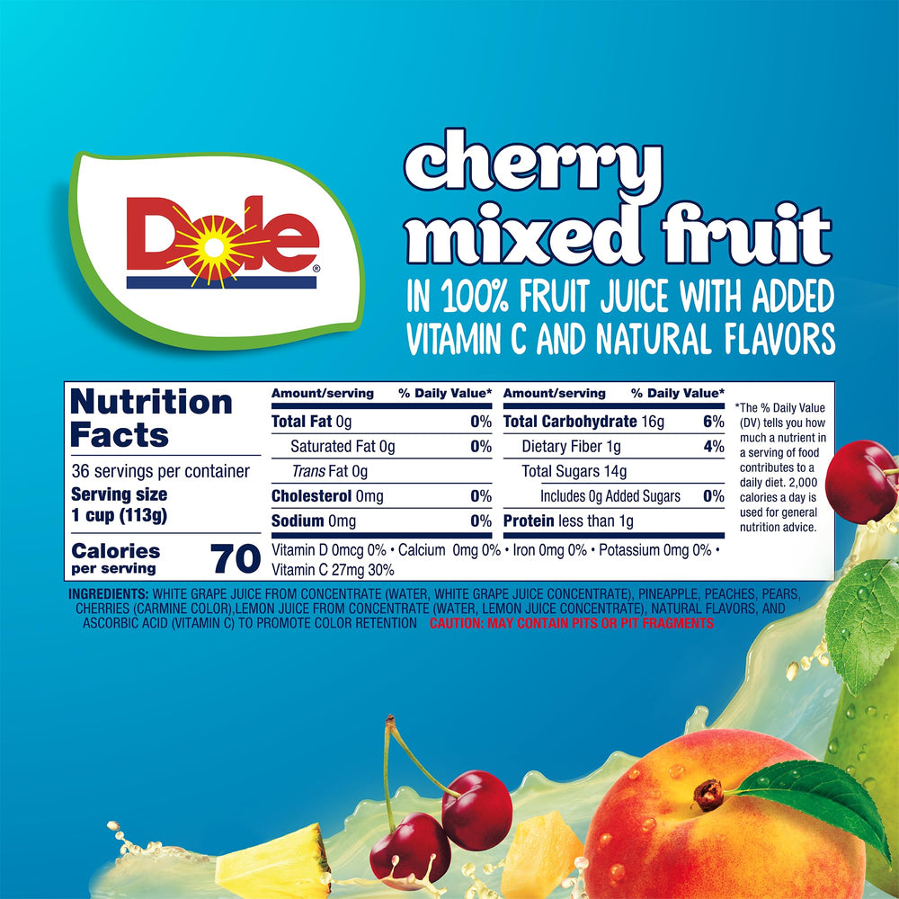 Dole Cherry Mixed Fruit pieces in 100% juice, bite-sized and convenient.