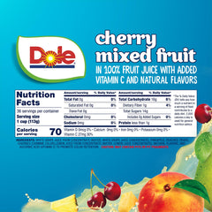 Dole Cherry Mixed Fruit pieces in 100% juice, bite-sized and convenient.