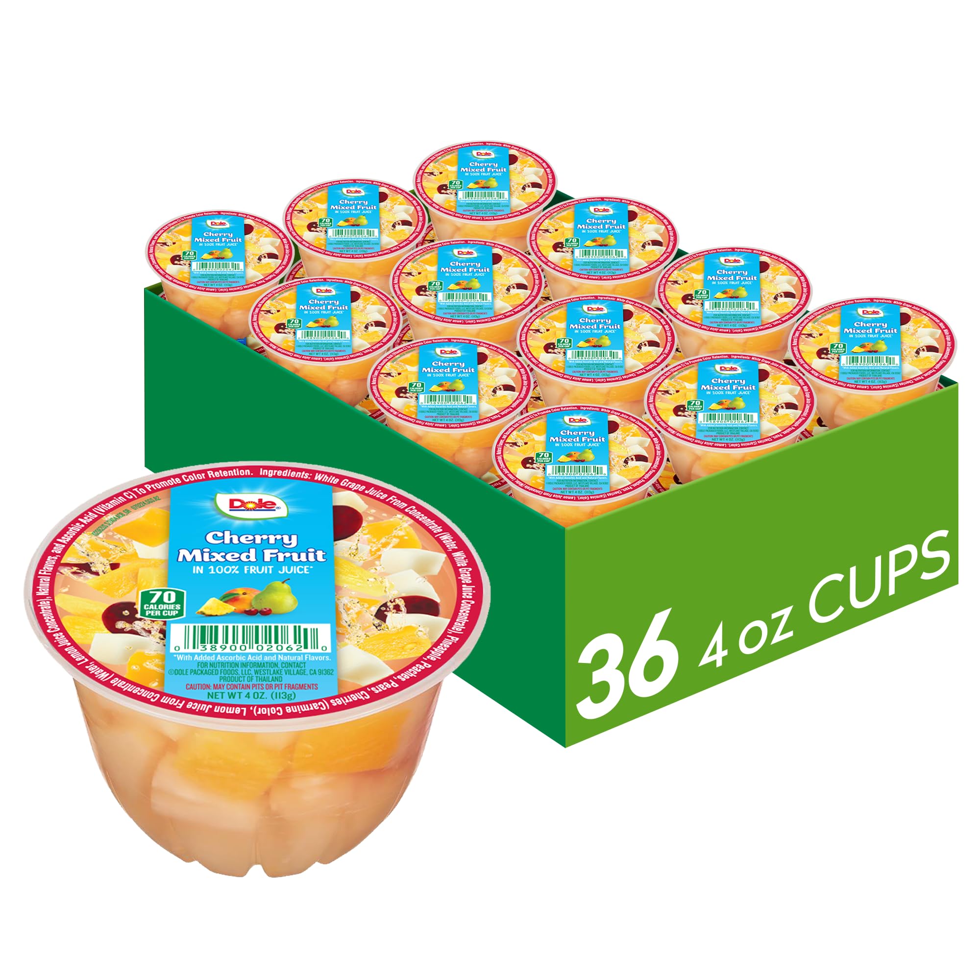 Dole Cherry Mixed Fruit cup front view shows bite-sized fruit in gluten-free snack.