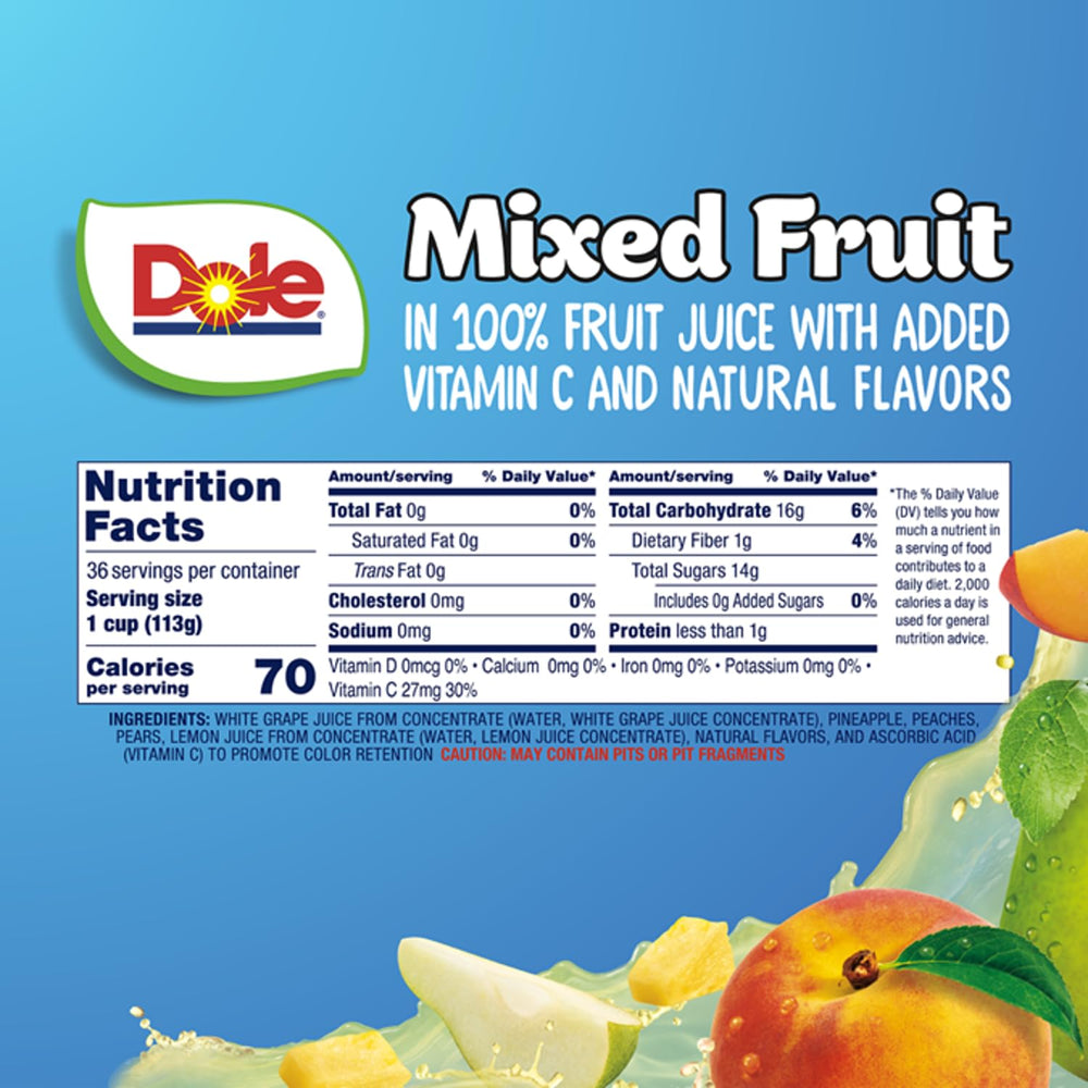Dole fruit cup in juice, ideal for on-the-go office snacks.