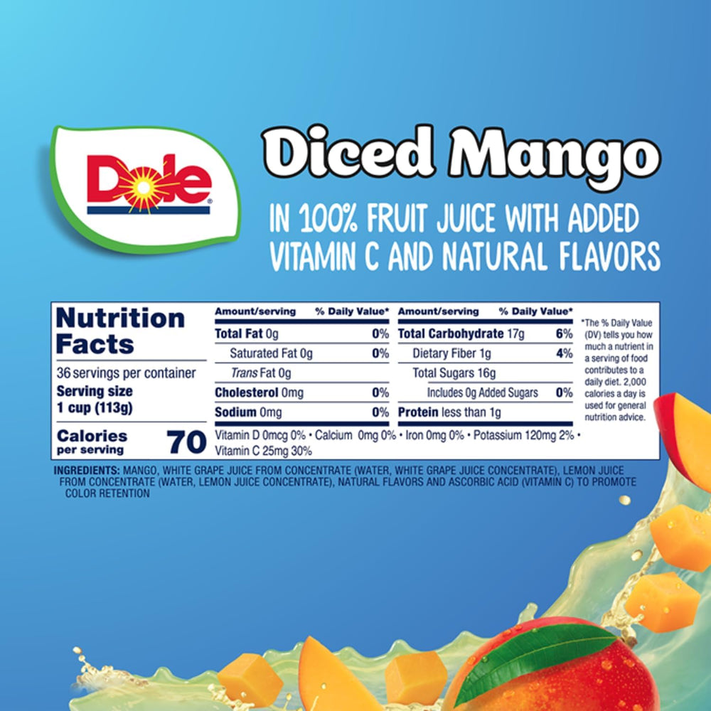 Dole Fruit Bowls Diced Mango snack cup ideal for lunchboxes with vitamin C.