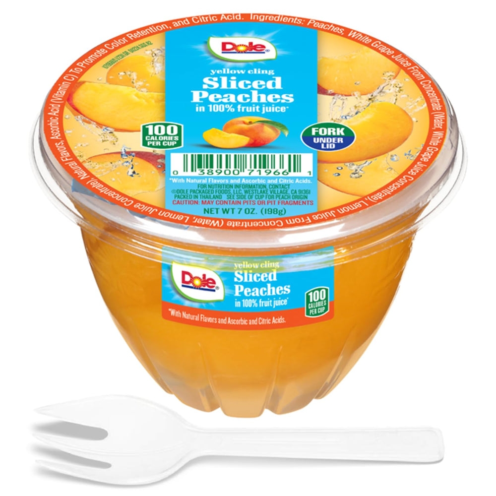 Dole Fruit Bowls Diced Peaches bite-sized pieces for easy snacking.