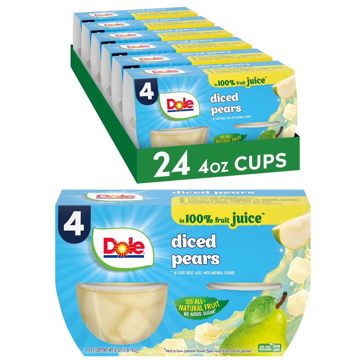 Dole Fruit Bowls with diced pears in juice offer ready-to-eat bite-sized snacks.