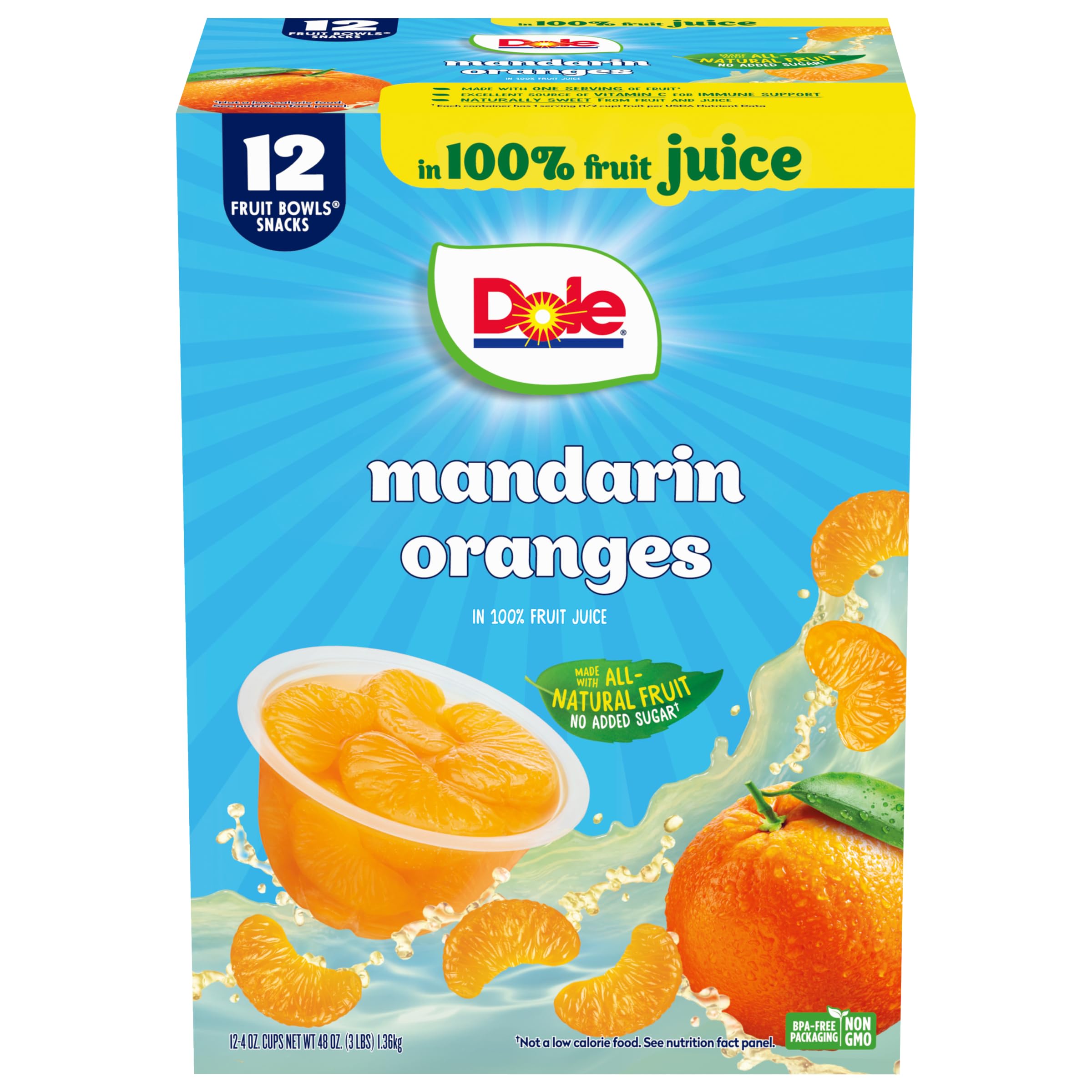 Dole Fruit Bowls Mandarin oranges in juice: bright, ready-to-eat segments for a quick snack.
