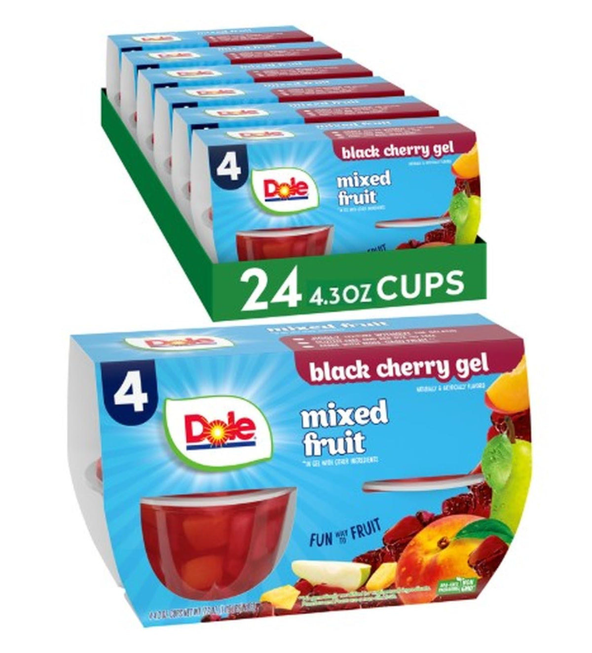 Dole Fruit Bowls mixed-fruit in black-cherry gel, portable snack with vitamin C boost.