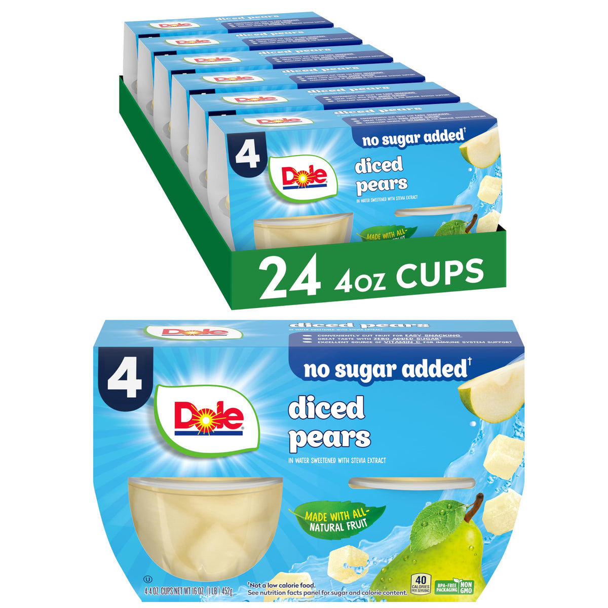 Dole Fruit Bowls no sugar added diced pears—gluten-free snack option.