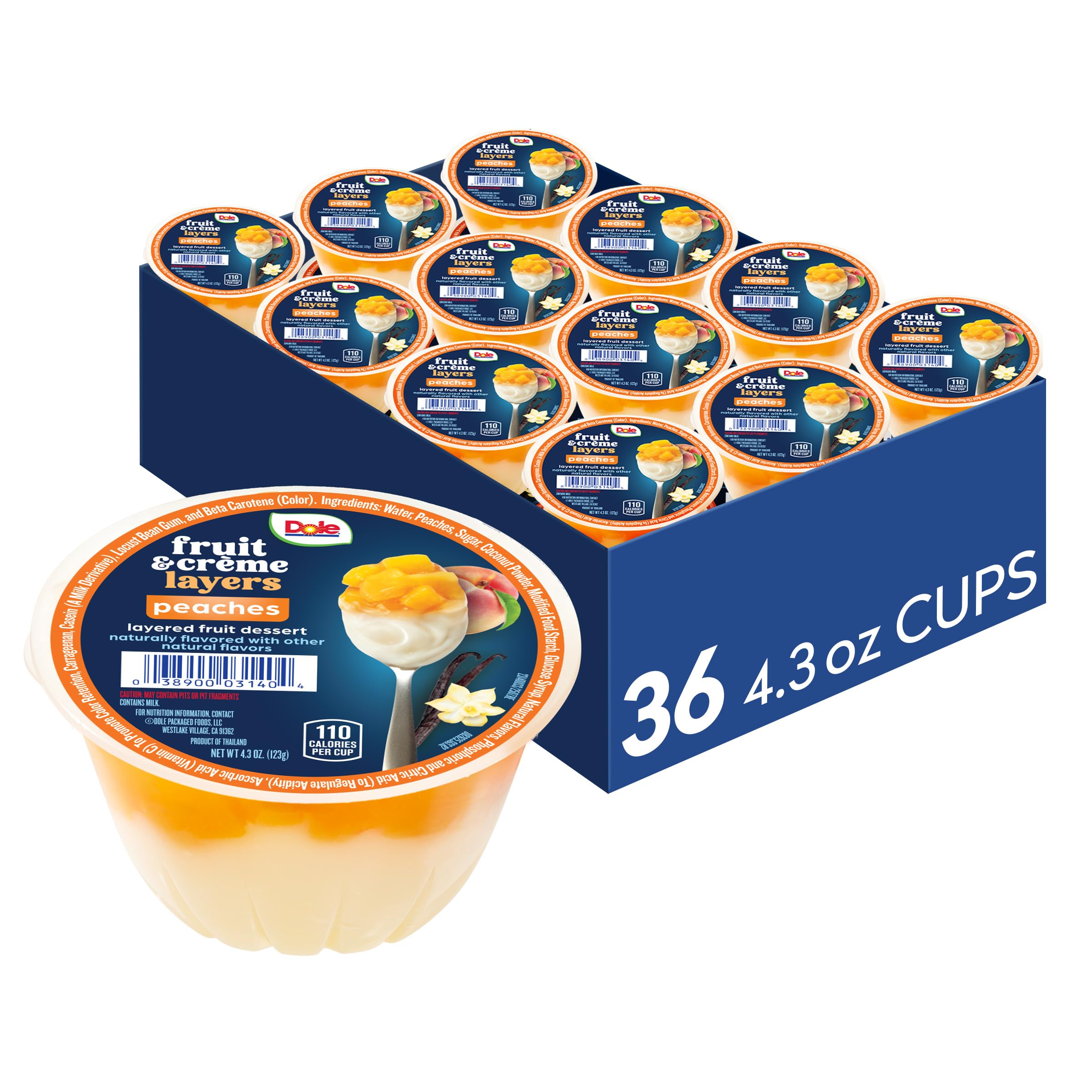 DOLE Peaches & Creme Parfait cups with real fruit and creamy layer, ideal for on-the-go.