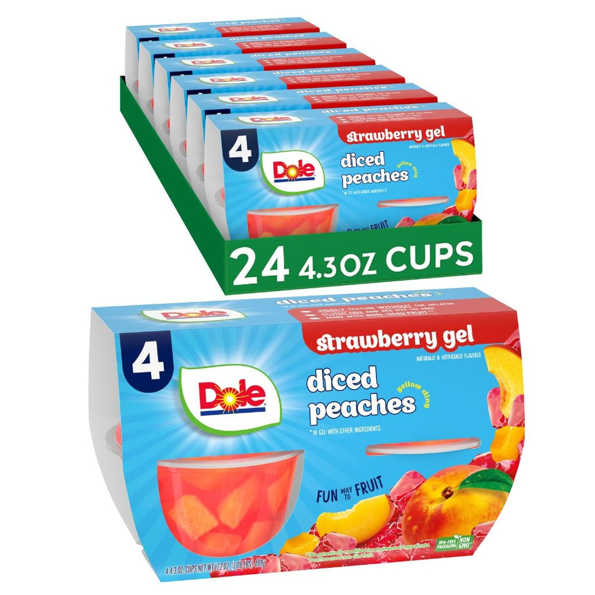 DOLE Fruit Bowls peaches in strawberry gel, ready for a quick lunchbox snack.