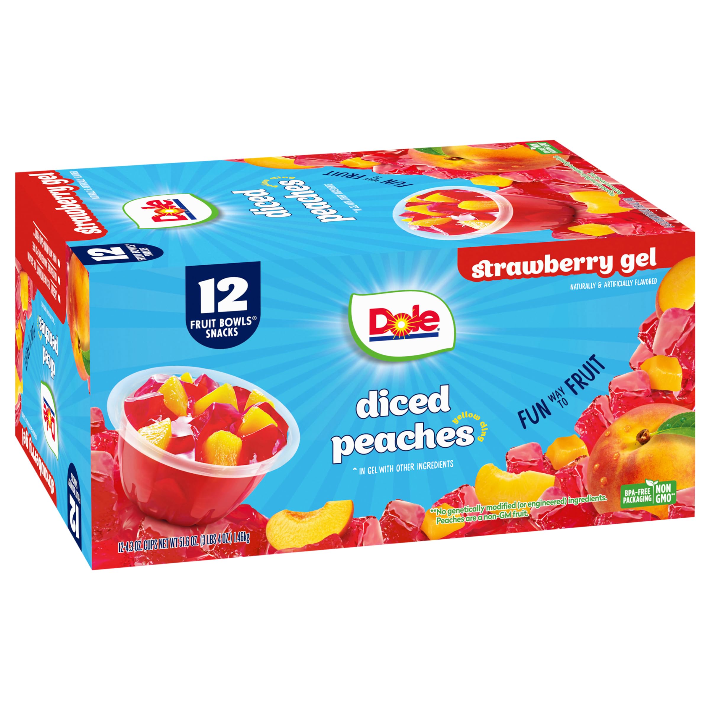 Dole Fruit Bowls peaches in strawberry gel cup, convenient school lunch option.