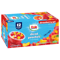 Dole Fruit Bowls peaches in strawberry gel cup, convenient school lunch option.
