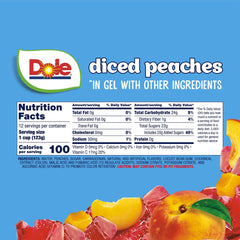 Dole peaches in gel with strawberry flavor, ready-to-eat snack for busy days.