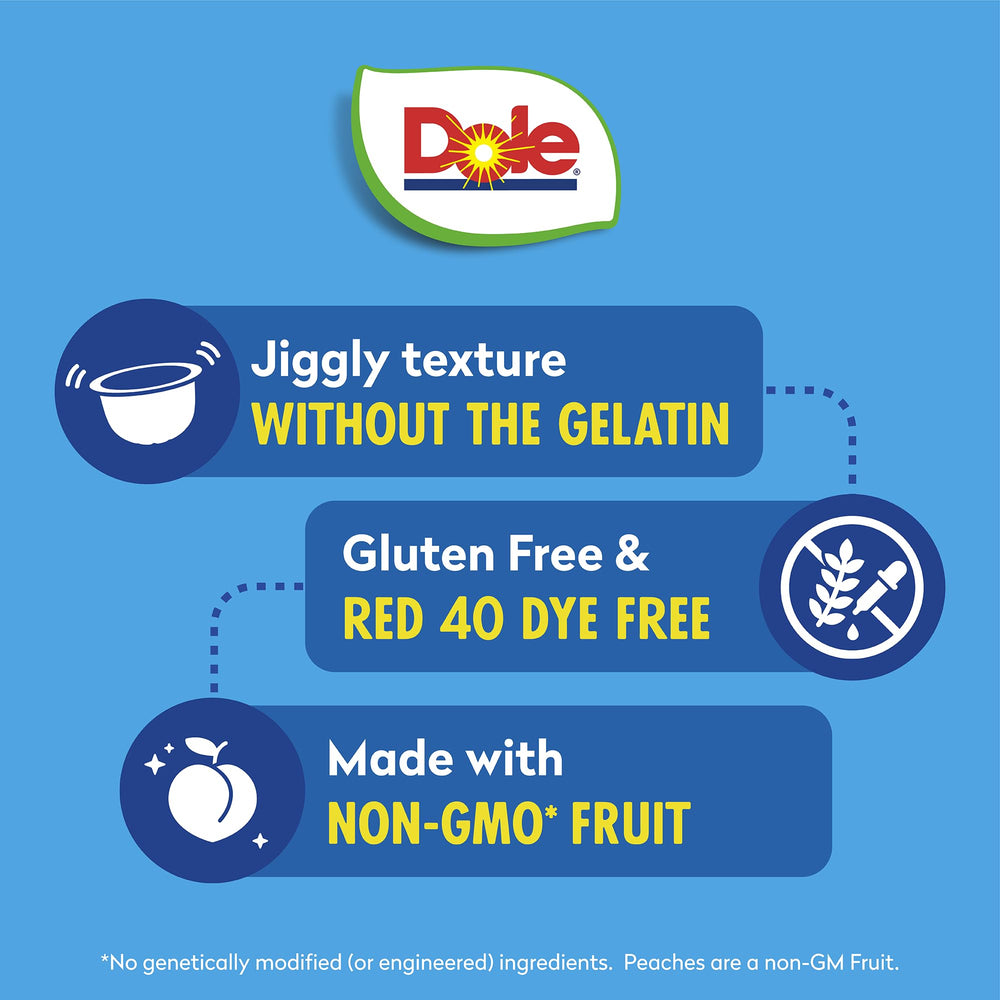 Dole Fruit Bowls peaches in strawberry gel, refrigerated for refreshing chilled snack.