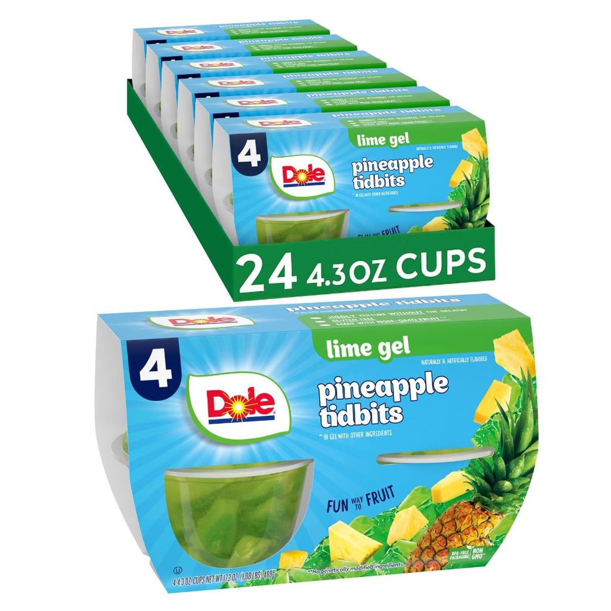 Dole Pineapple in Lime Gel cups on shelf provide gluten-free convenient snacks.