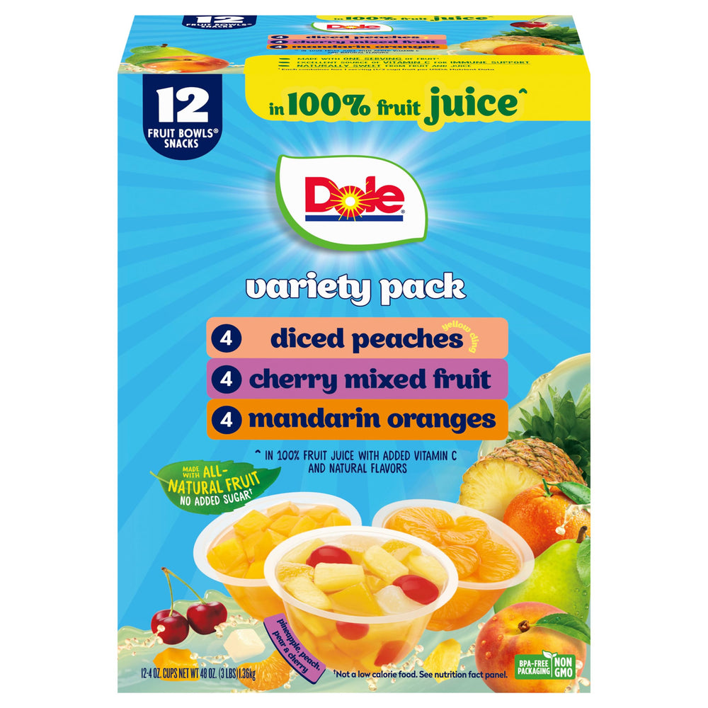 Dole Fruit Bowls stacked bowls on a shelf showing ready-to-eat fruit snacks
