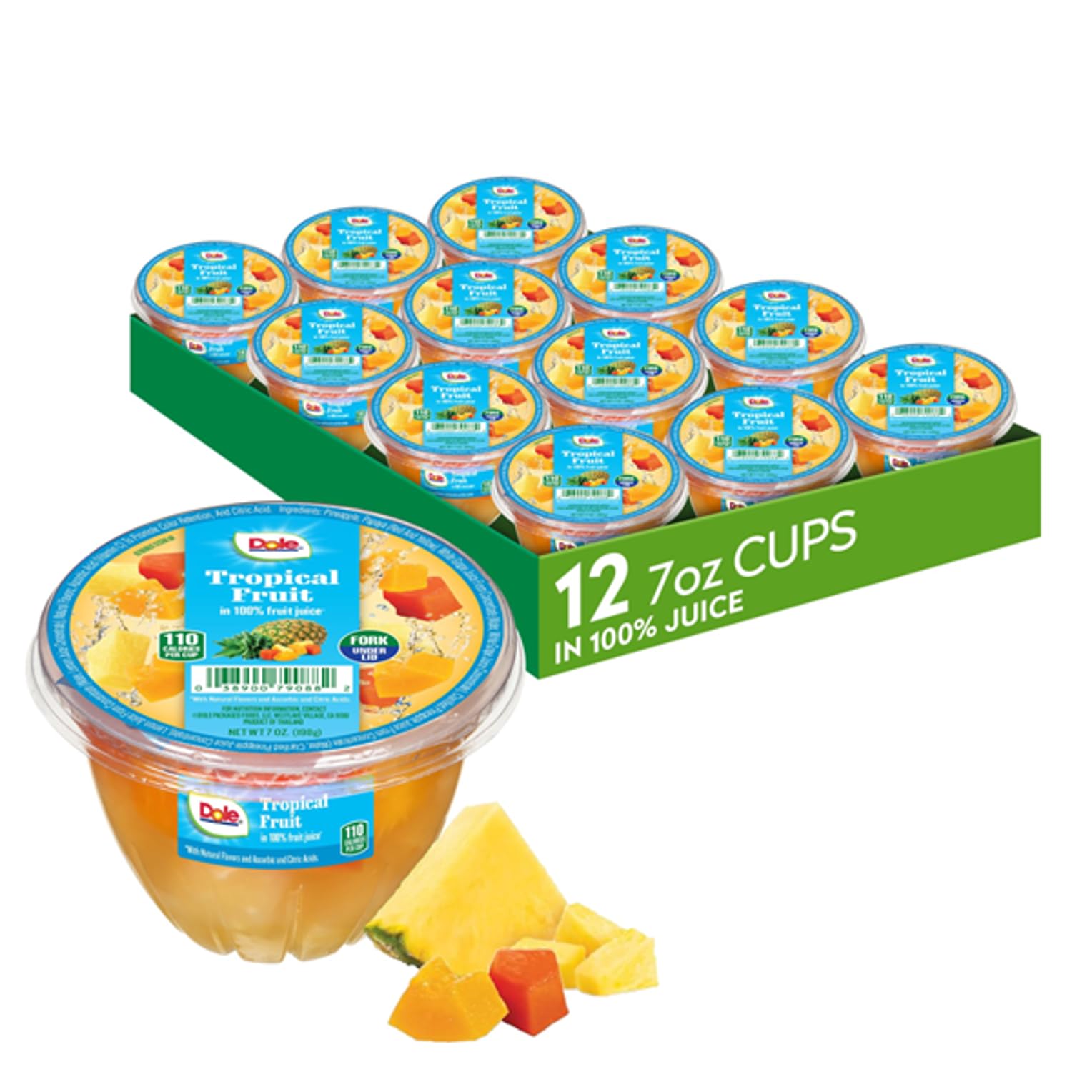 Dole Fruit Bowls tropical-fruit-juice cup in hand, convenient on-the-go snack