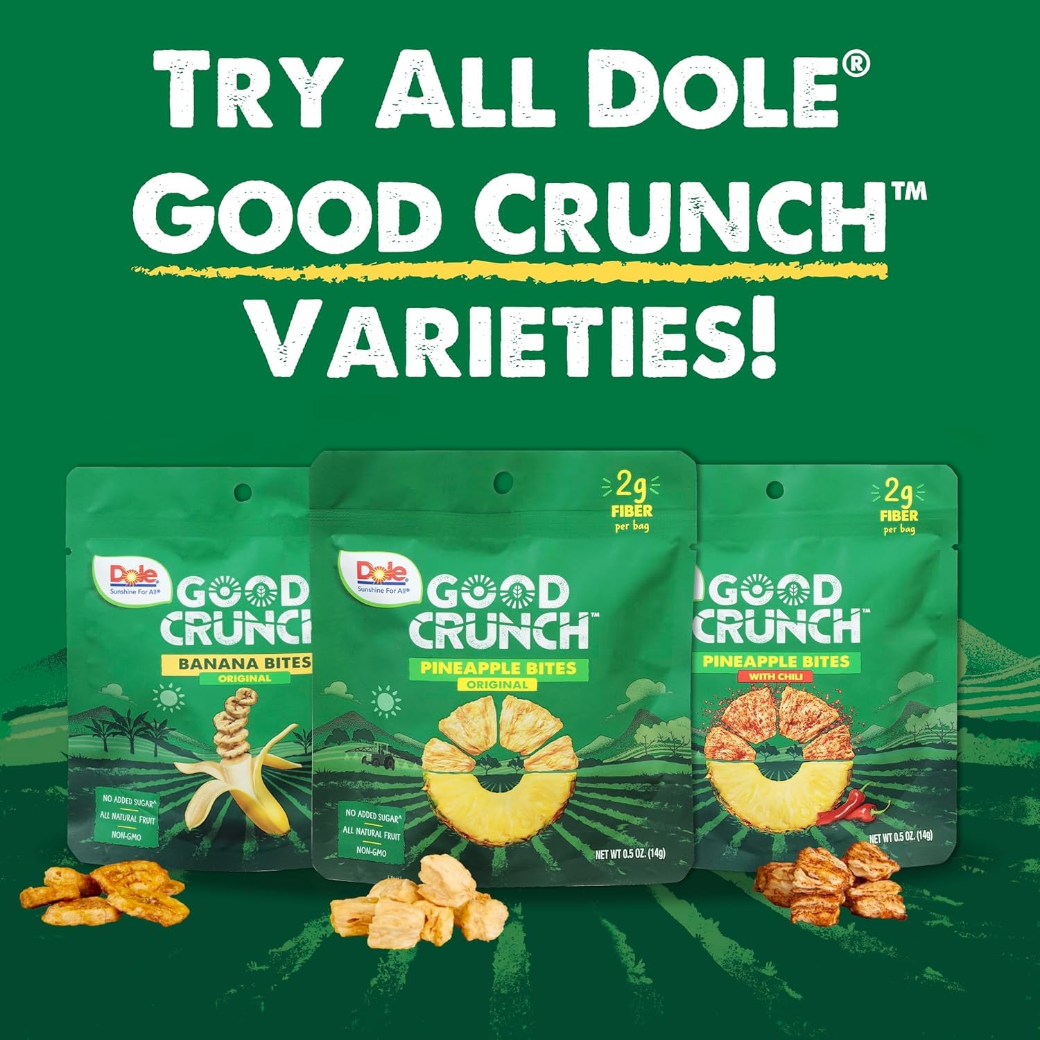 Sustainability behind Dole Good Crunch with solar energy and upcycling.