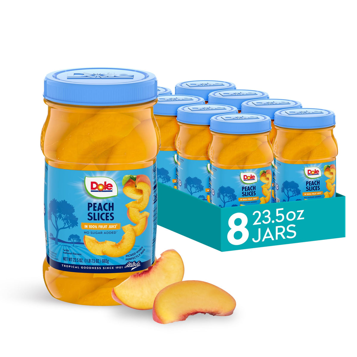 Dole jarred peaches slices in 100% juice, ready to eat and enjoy.