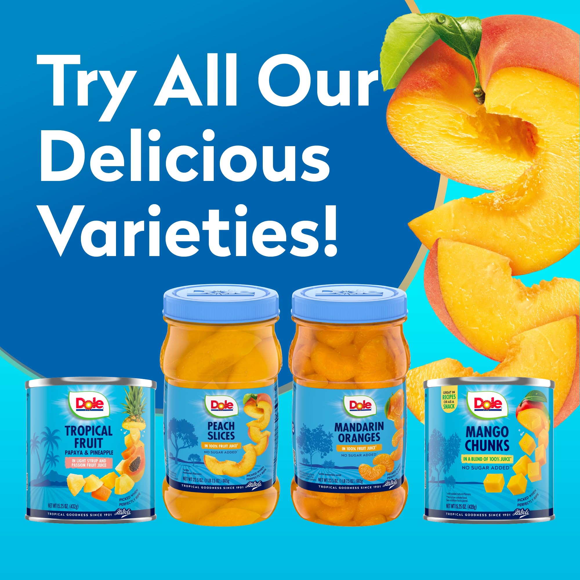 Dole jarred peaches for snacks at home, school, or work.