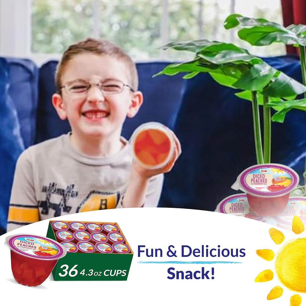 Kids enjoy Dole peaches in strawberry gel cups as a lunchbox snack