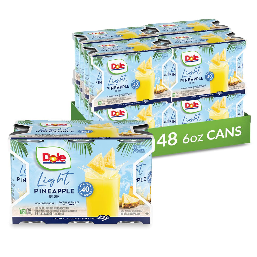 Dole Light Pineapple Juice can front shows no added sugar and 40 calories per serving.