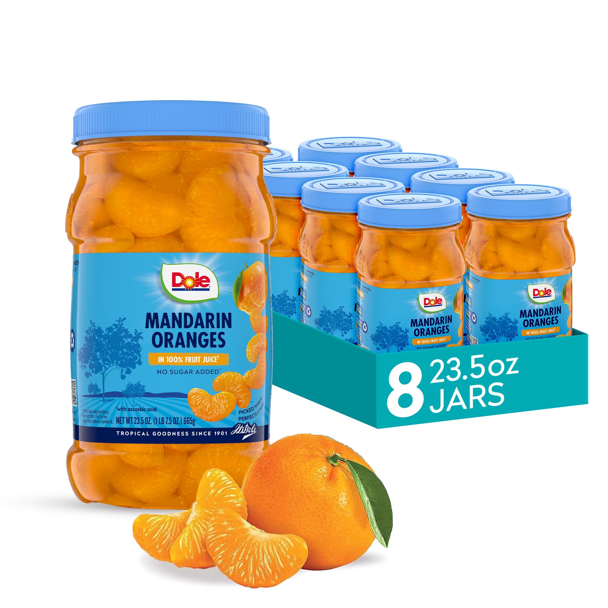 Dole Mandarin Oranges jar front view showing ready-to-eat snack in 100% juice.