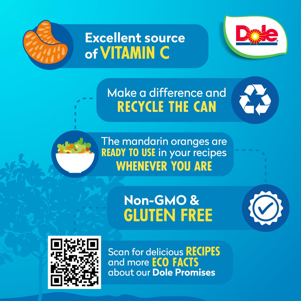 Dole mandarin oranges juicy-slices highlight natural sweetness in juice.