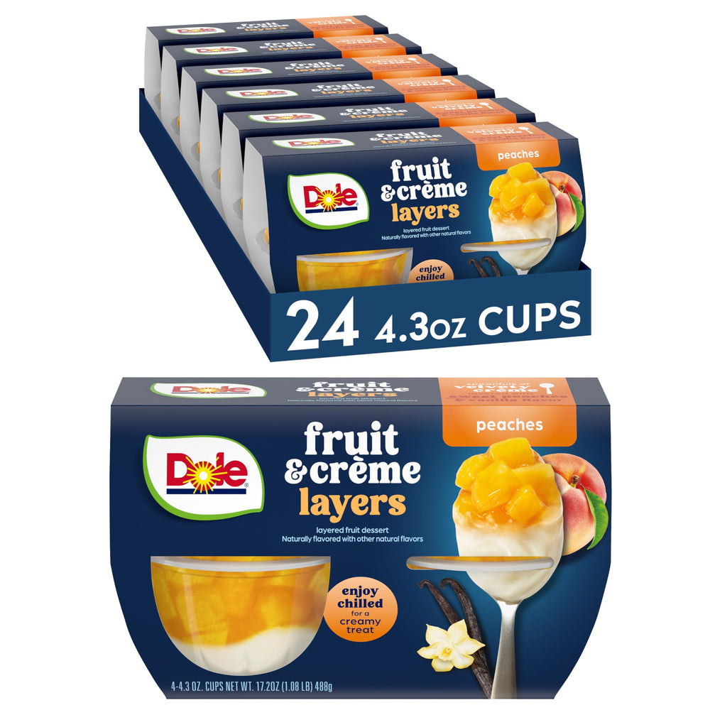 Dole Peaches & Creme Parfait layered in glass, creamy dessert option.