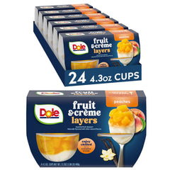 Dole Peaches & Creme Parfait layered in glass, creamy dessert option.