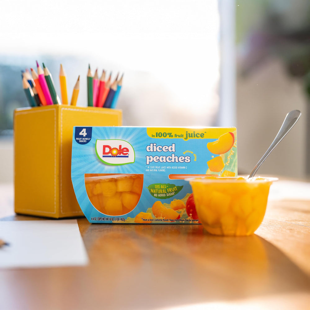 Dole Peaches refrigerated display, perfect for a chilled snack.