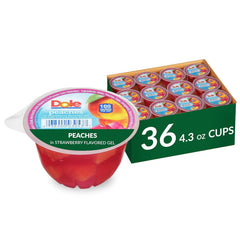 Dole peaches in strawberry gel cups close-up showing juicy fruit and gel coating for on-the-go snacking