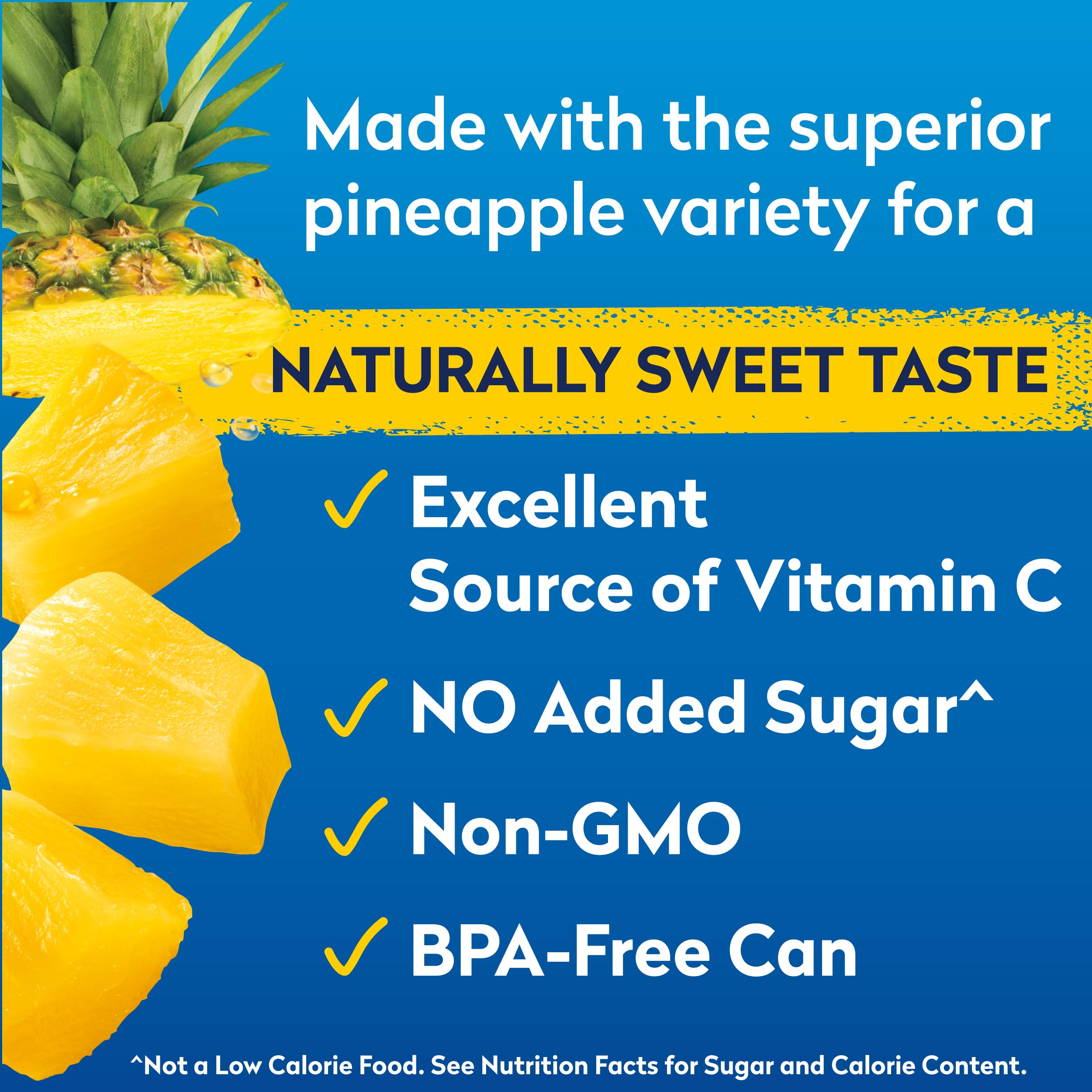 Dole pineapple chunks can label highlighting gluten-free and BPA-free packaging.