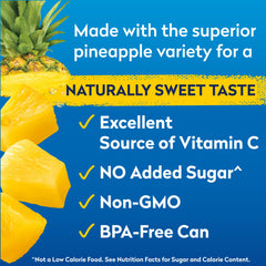 Dole pineapple chunks can label highlighting gluten-free and BPA-free packaging.